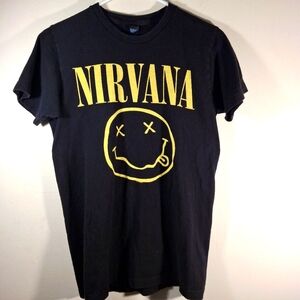 Nirvana Women's Black Smiley Face Short Sleeve Crew Neck Tee Size S